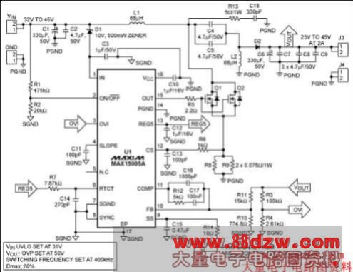 Figure 1. Schematic of the MAX15005A SEPIC converter for FSW = 400kHz.