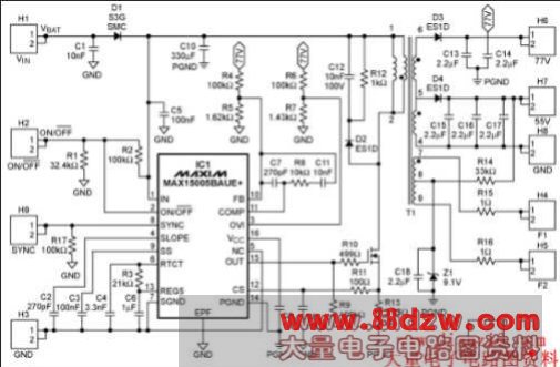  Figure 1: Schematic of the MAX15005B Fly back converter for FSW = 22kHz.