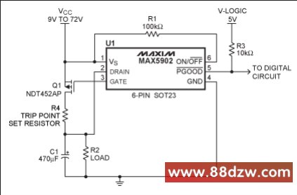 Figure 2. Adding a trip-point-adjust resistor (R4) to the circuit of Figure 1 improves its initial accuracy and accuracy over temperature.