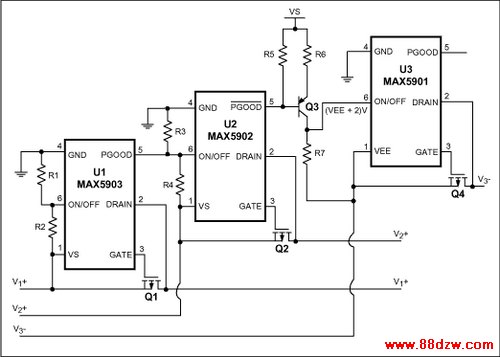 Figure 1. Three hot-swap controllers govern the sequence in which supply voltages appear at the three right-hand terminals.