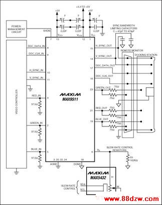 Figure 4. The MAX9511 drives multiple outputs. Adjustable filtering is controlled by the MAX5432 I2C-adjustable digital potentiometer.