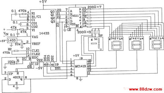 由3 1/2位双积分式A/D转换器MC14433构成的数字电压表电路